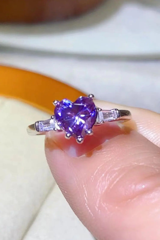 1 Carat Moissanite Heart-Shaped Platinum-Plated Ring in Purple - SmileBen