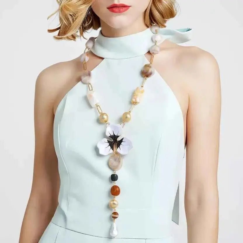 Alloy Dripping Oil Flower Resin Y - Shaped Necklace - SmileBen