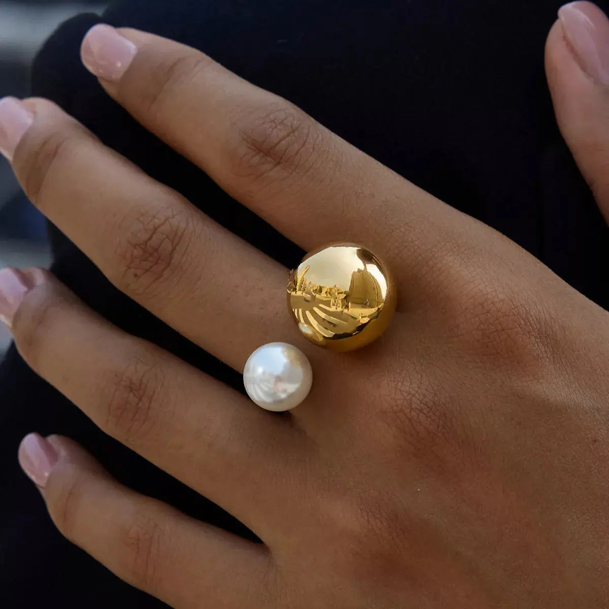 18K Gold-Plated Orb & Pearl Open Ring - SmileBen