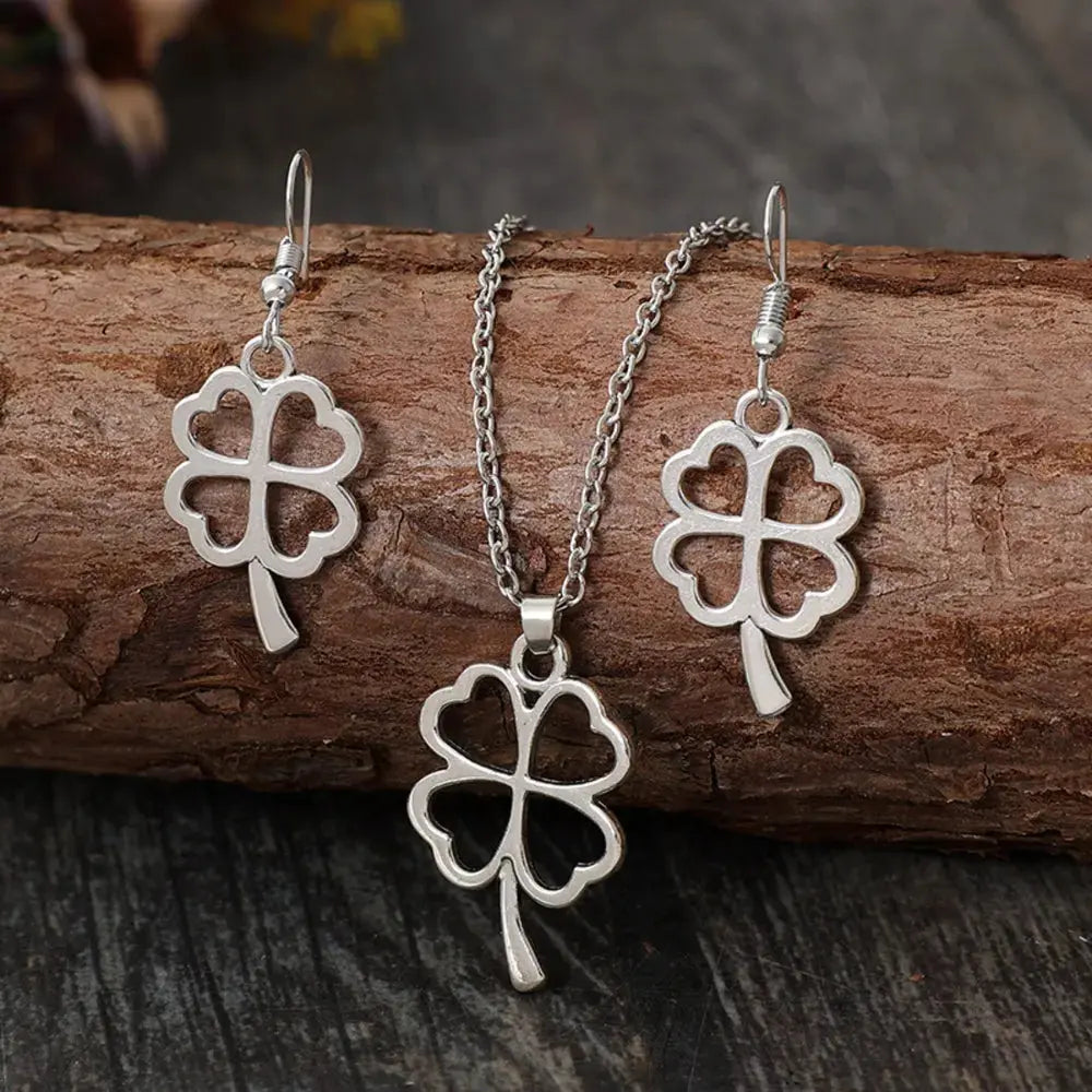 Lucky Clover Alloy Earrings and Necklace Jewelry Set - SmileBen