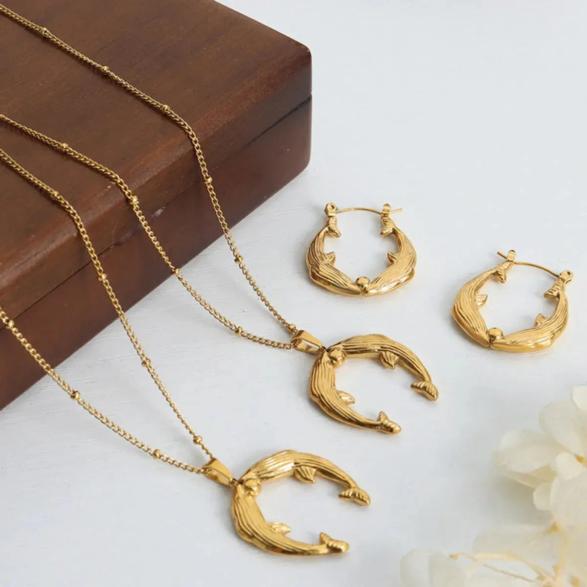 Gold Dolphin Jewelry Set with Necklace and Earrings - SmileBen