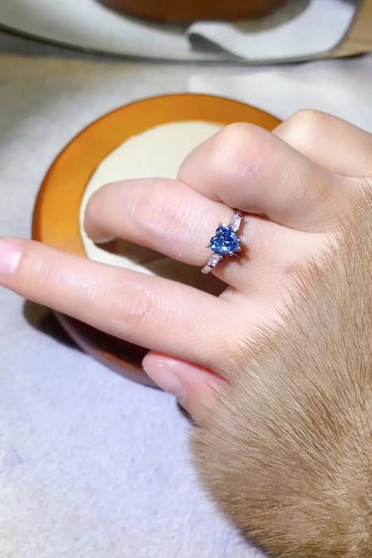 1 Carat Moissanite Heart-Shaped Platinum-Plated Ring in Blue - SmileBen