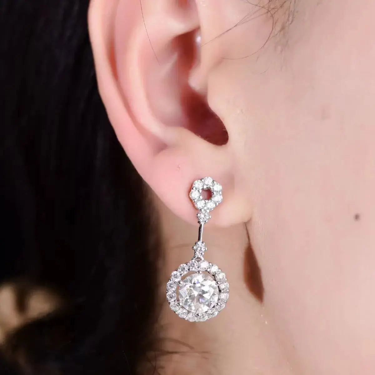 4 Carat Crystal Drop Dangle Earrings with Round Halo Design - SmileBen