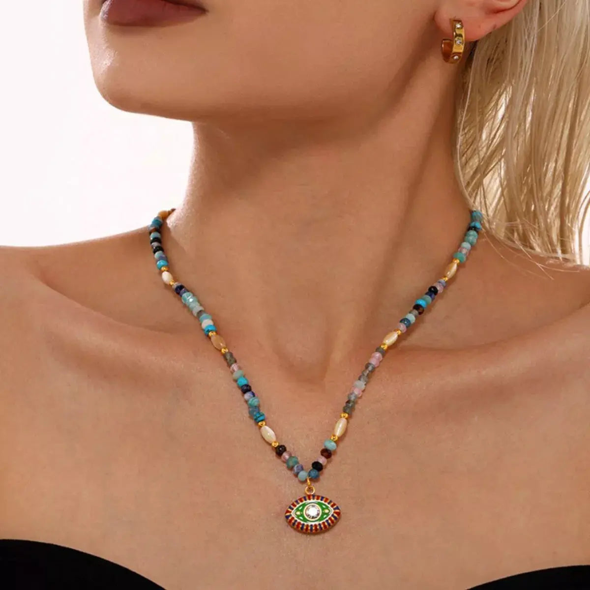 Zircon Bead Evil Eye Pendant Necklace - SmileBen