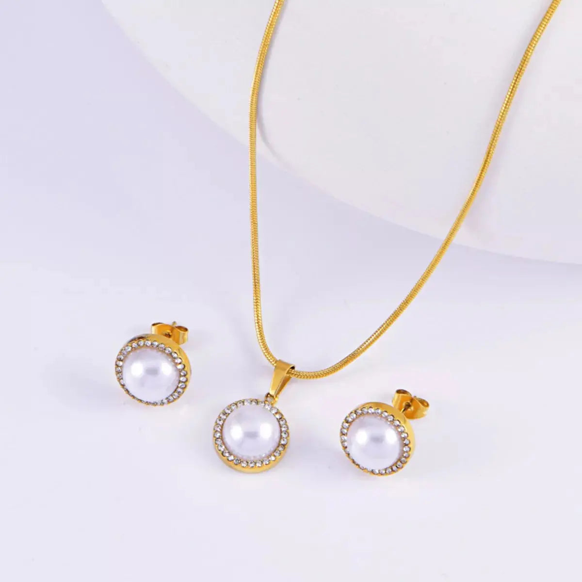 Synthetic Pearl 18K Gold-Plated Rhinestone Necklace and Earrings Jewelry Set - SmileBen