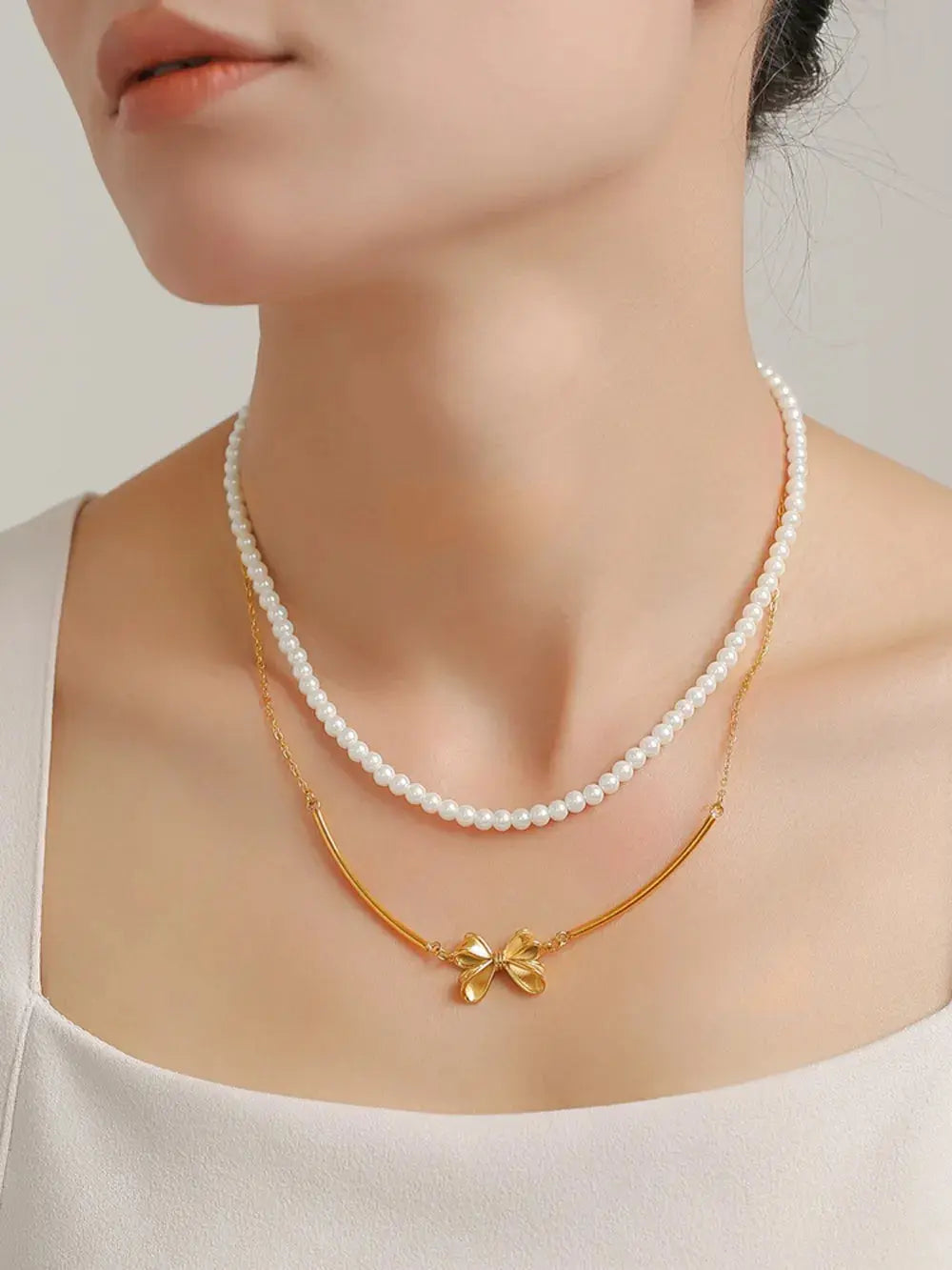 3 Piece Pearl Necklace, Bow Necklace and Stud Earrings Jewelry Set - SmileBen
