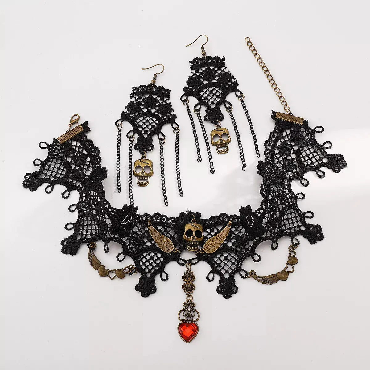 Halloween Lace Skull Necklace and Earrings Jewelry Set - SmileBen