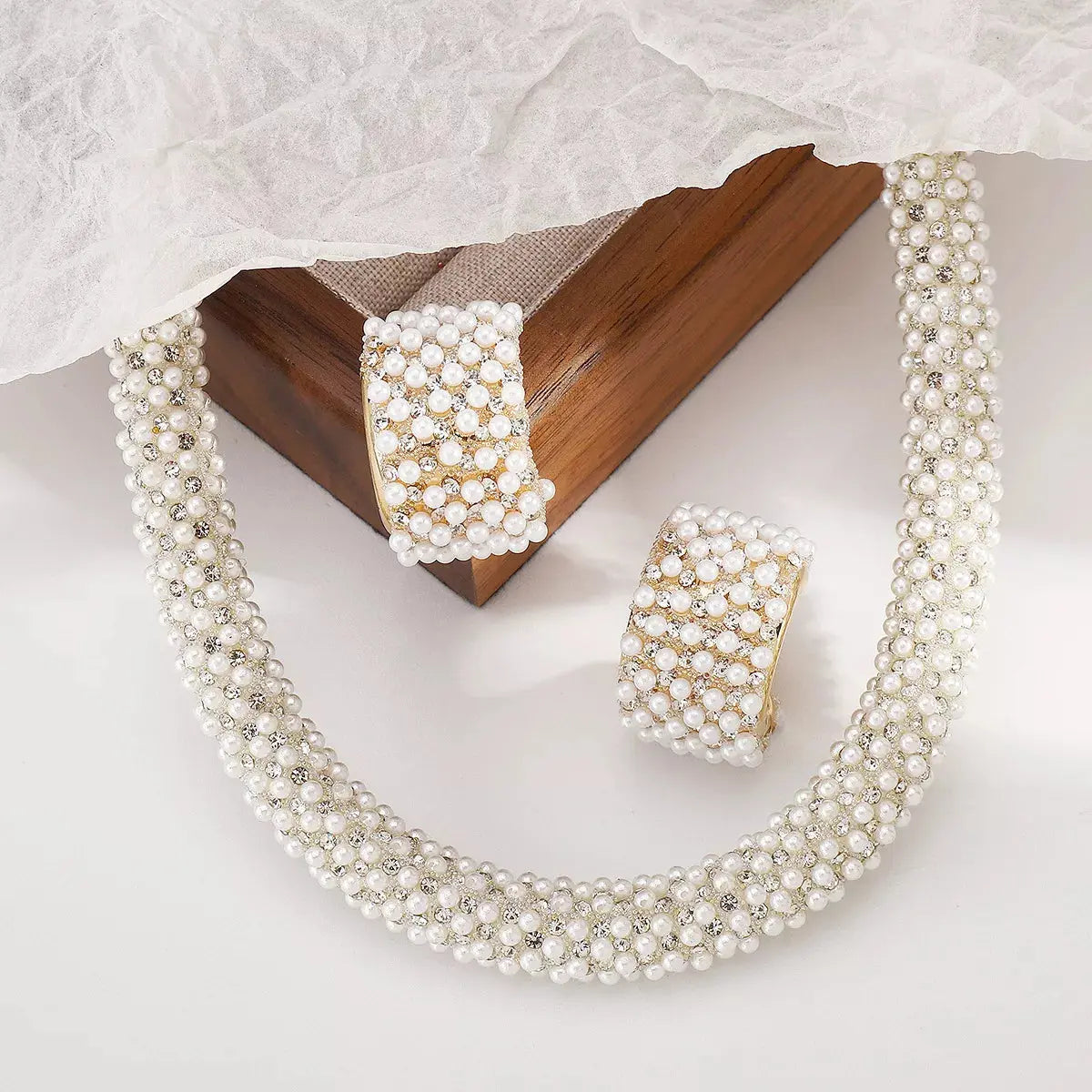 Pearl Embellished Earrings and Necklace Jewelry Set - SmileBen