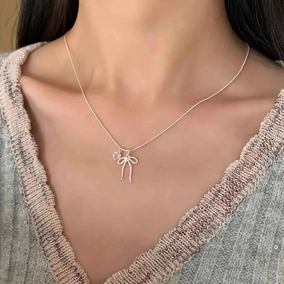 Bow & Heart Pendant Necklace - SmileBen