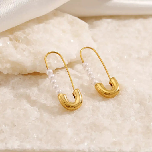 Safety Pin Pearl Accent Earrings - SmileBen