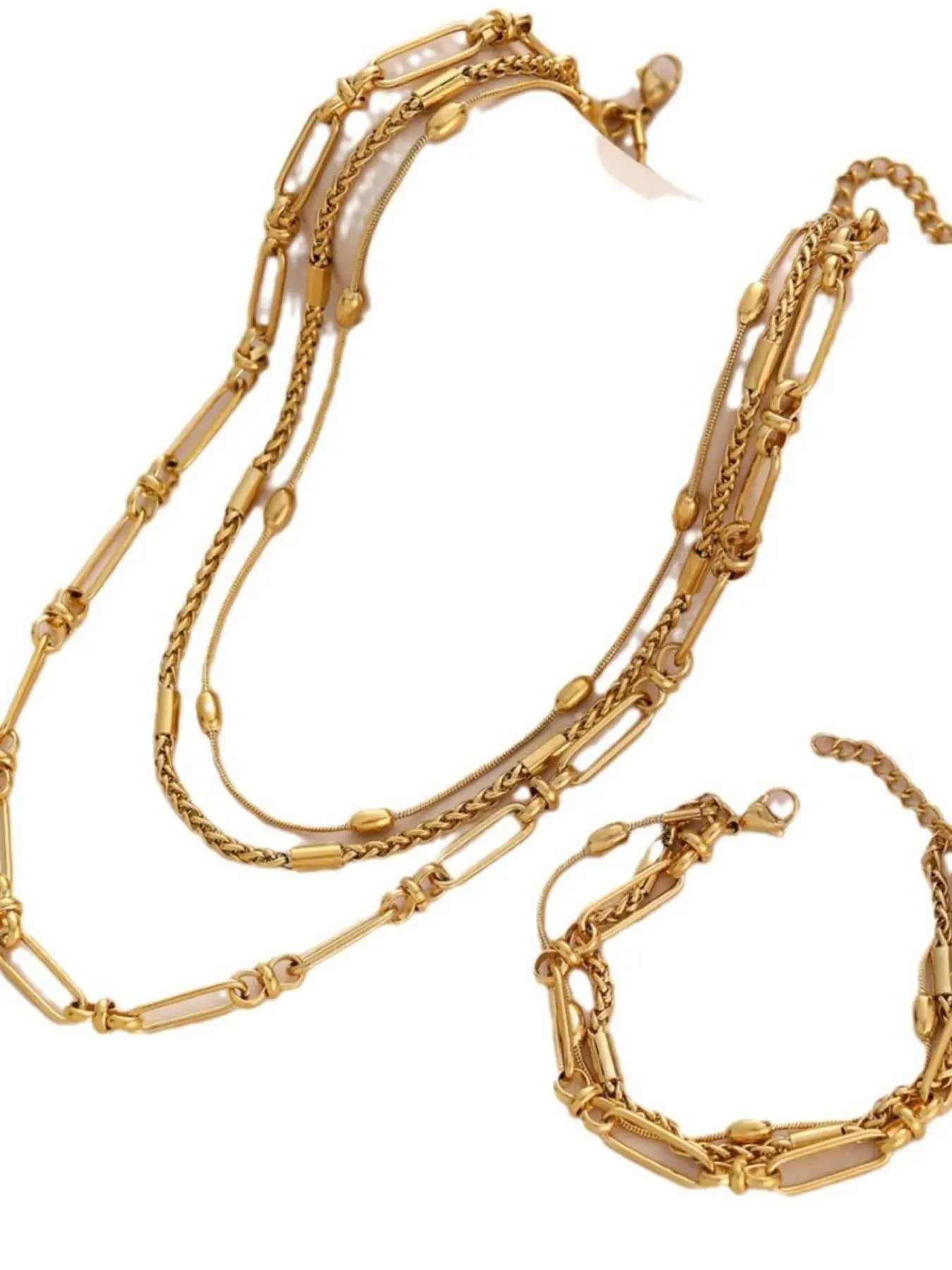 18K Gold-Plated Layered Chain Necklace and Bracelet Jewelry Set - SmileBen