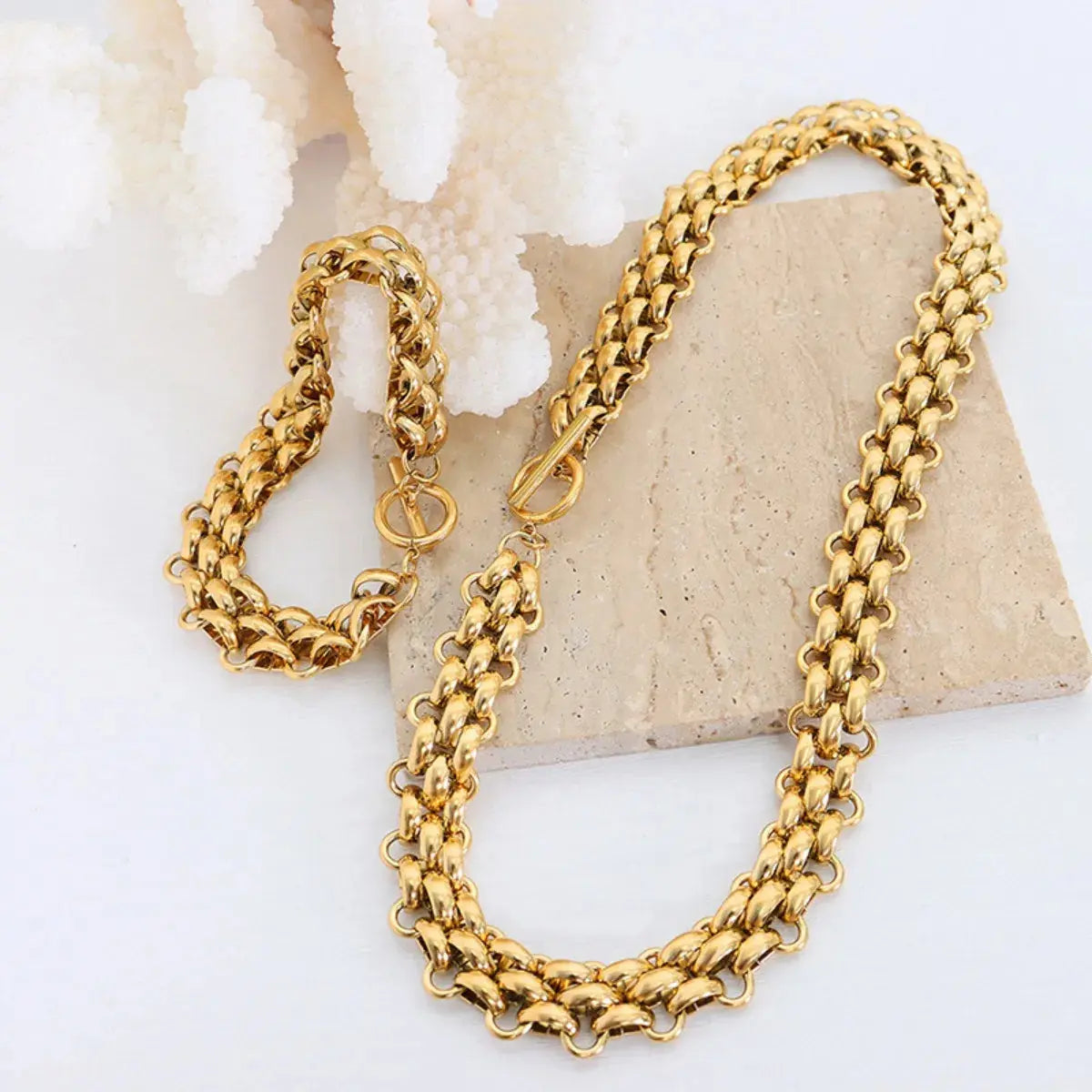 Gold Chain Link Jewelry Set with Necklace and Bracelet - SmileBen