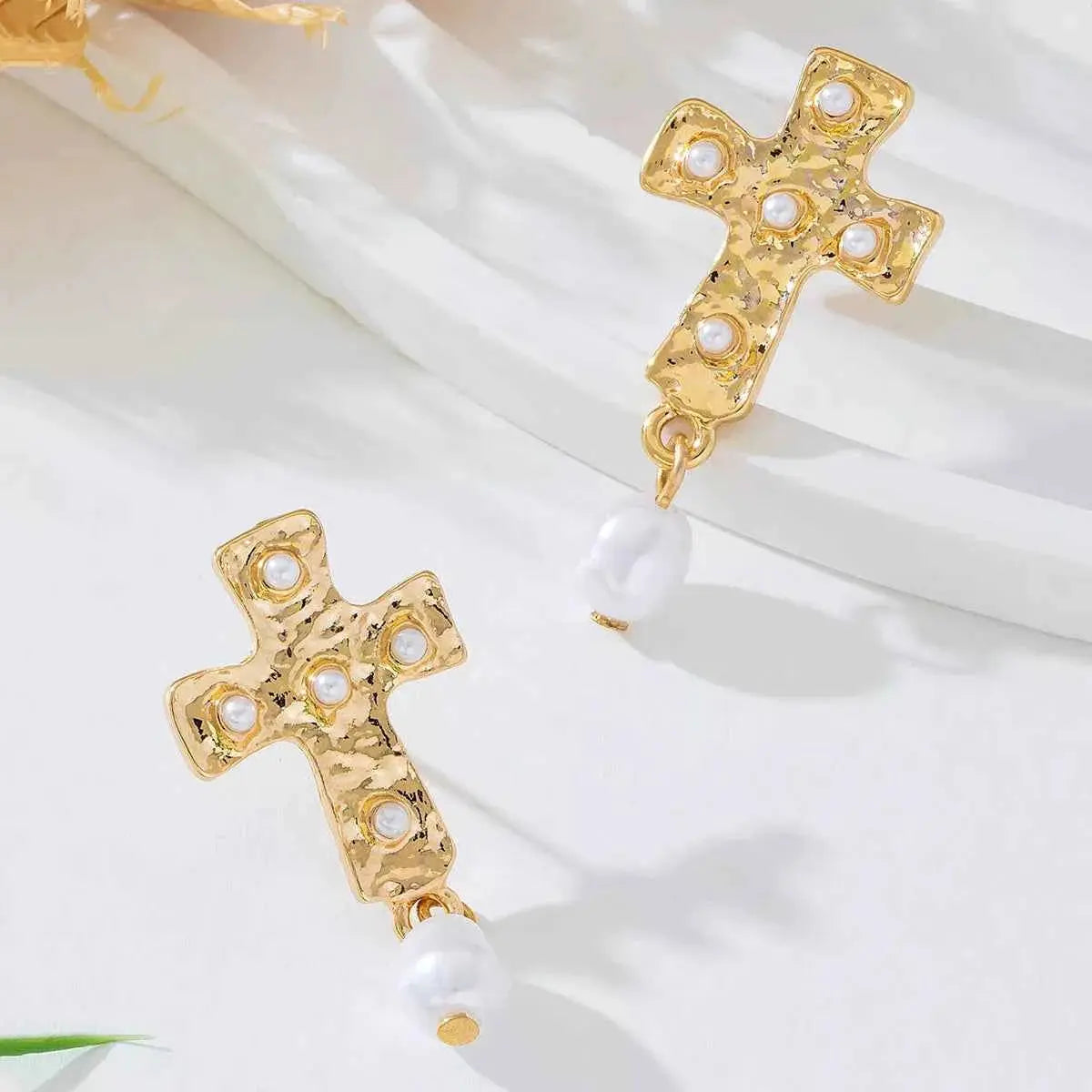 18K Gold-Plated Synthetic Pearl Cross Drop Earrings - SmileBen