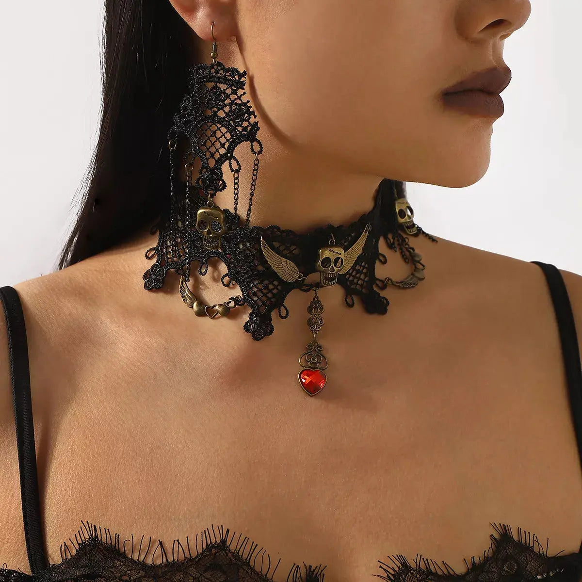Halloween Lace Skull Necklace and Earrings Jewelry Set - SmileBen