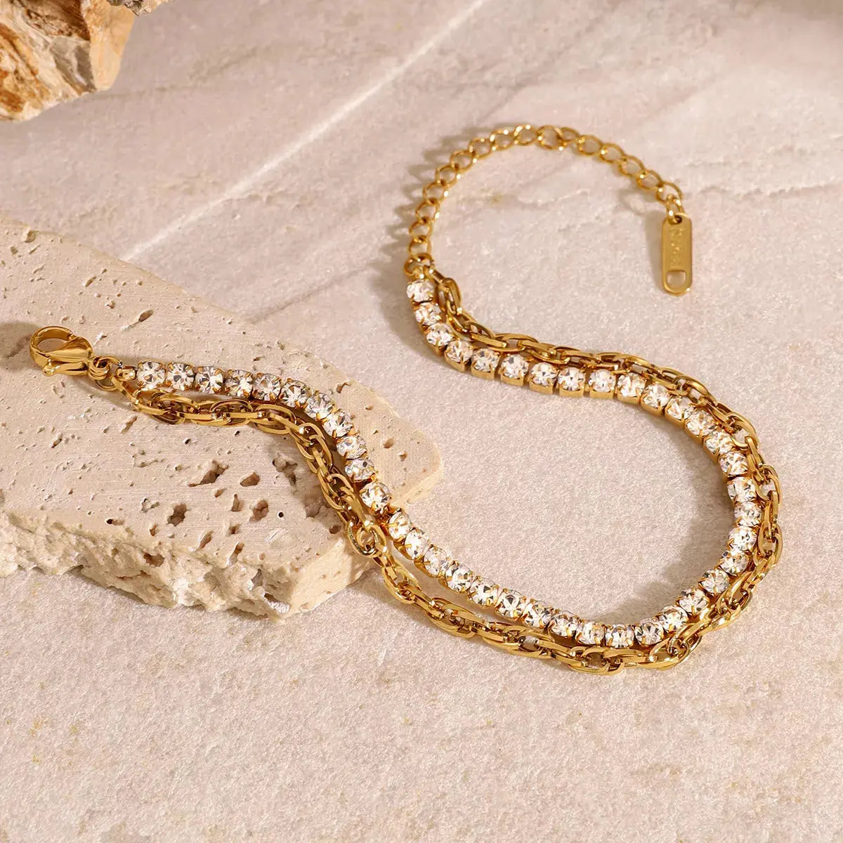 18K Gold-Plated Rhinestone Double Layered Bracelet - SmileBen