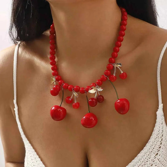Cherry Charm Beaded Statement Necklace - SmileBen