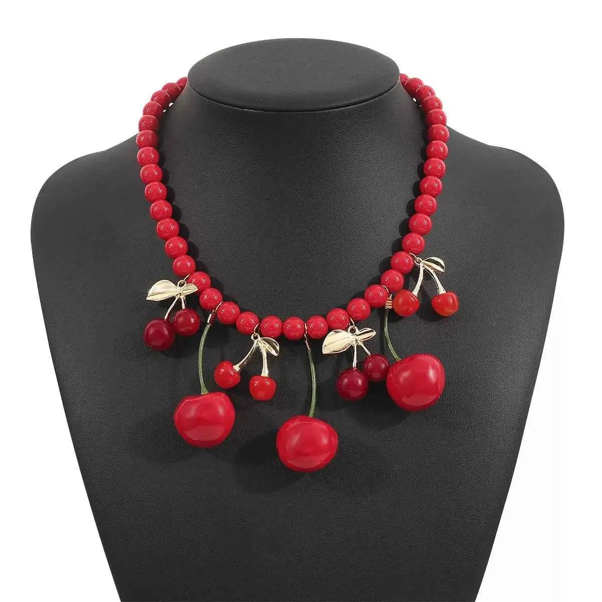 Cherry Charm Beaded Statement Necklace - SmileBen