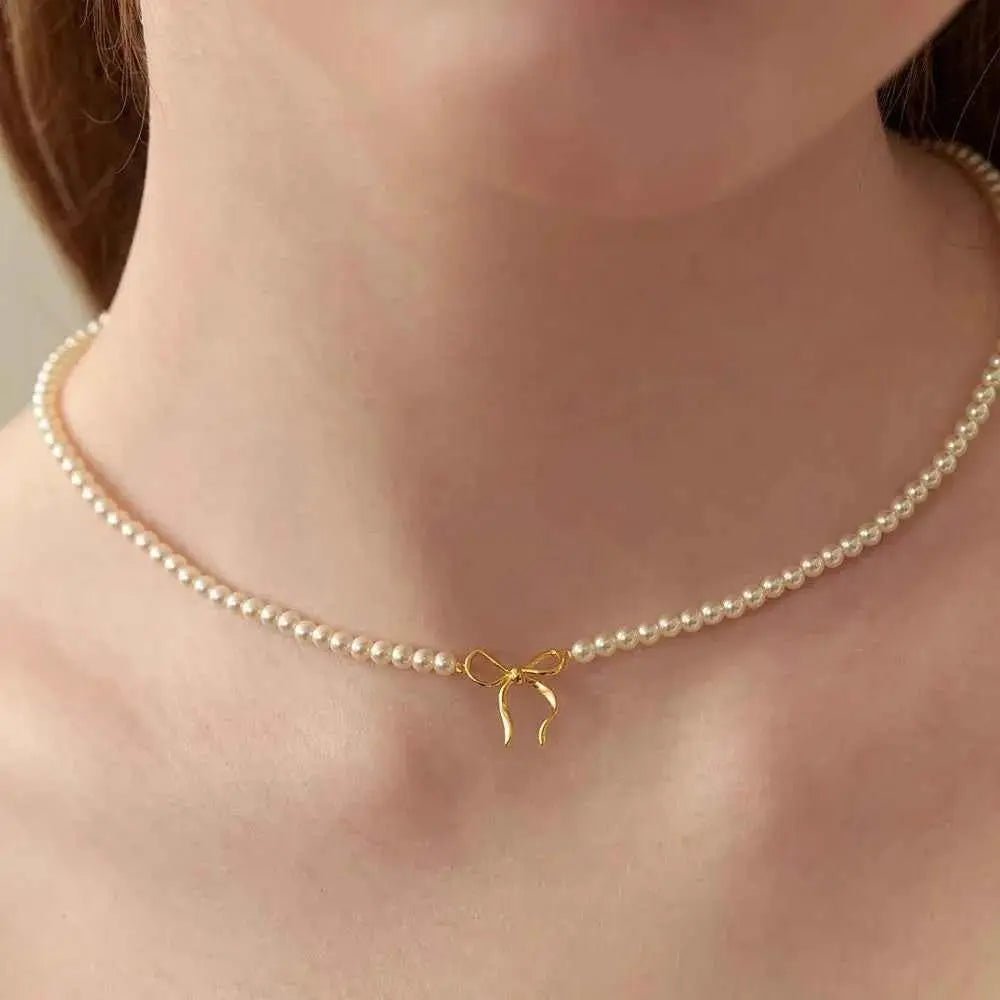 Copper Pearls Bow Necklace - SmileBen