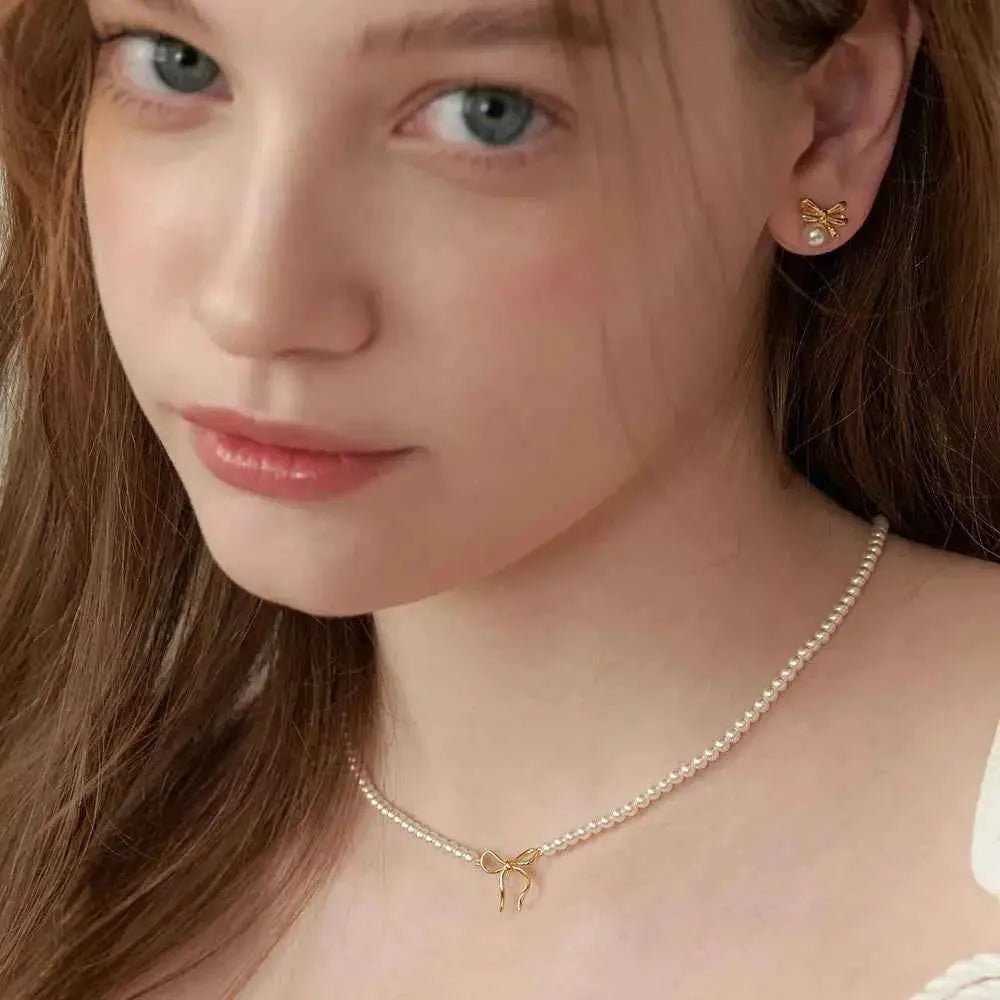 Copper Pearls Bow Necklace - SmileBen