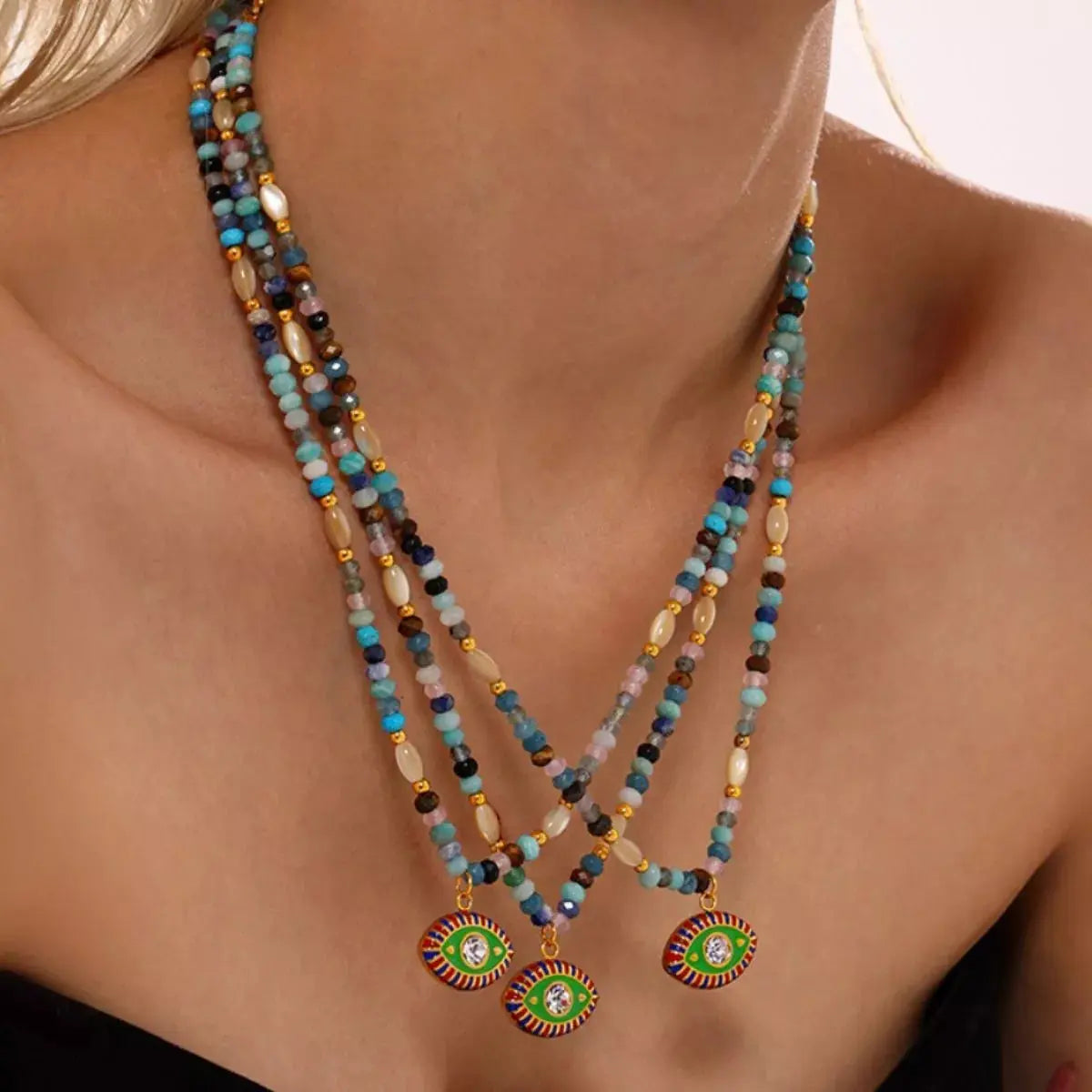 Zircon Bead Evil Eye Pendant Necklace - SmileBen
