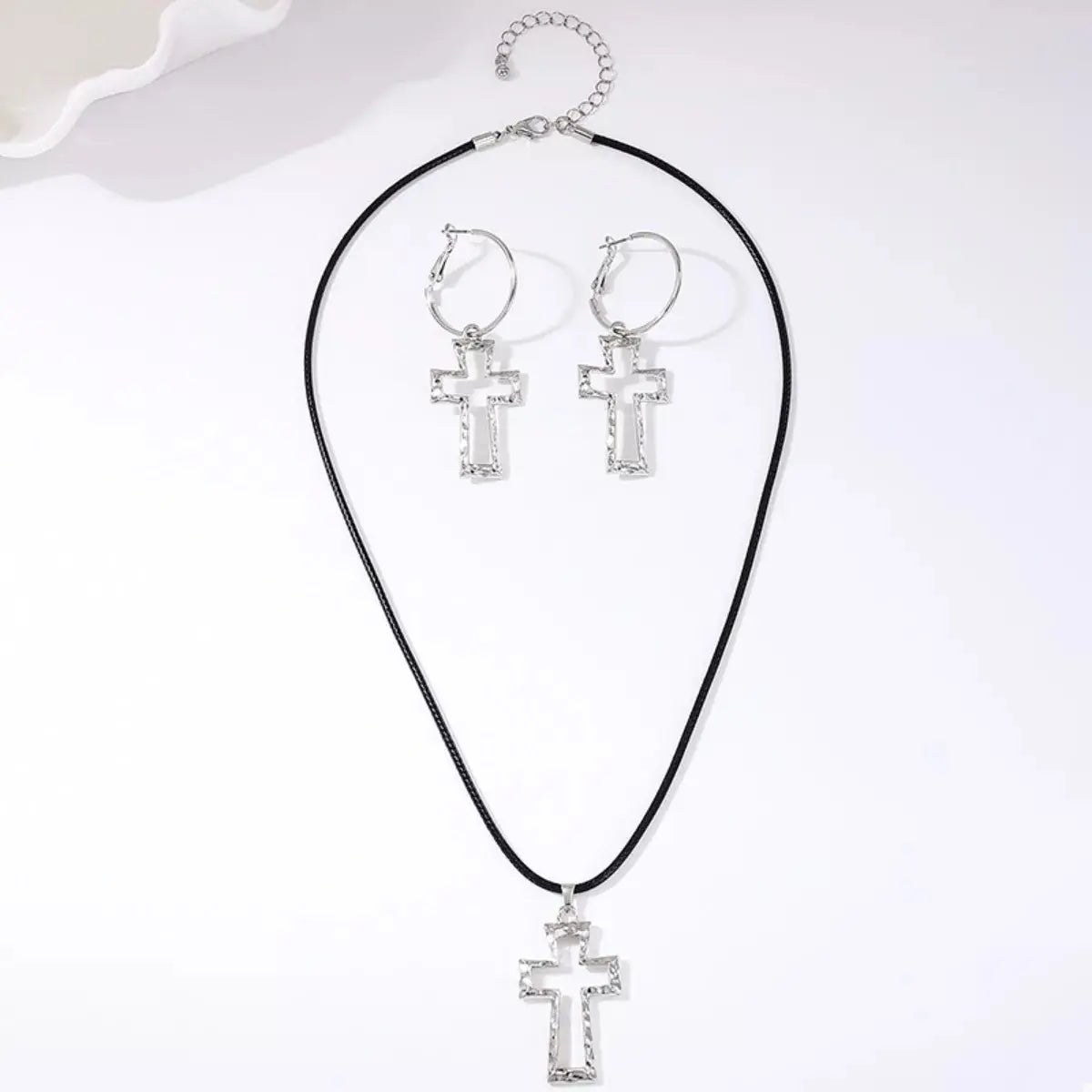 Cross Pendant Necklace & Hoop Earrings Jewelry Set - SmileBen
