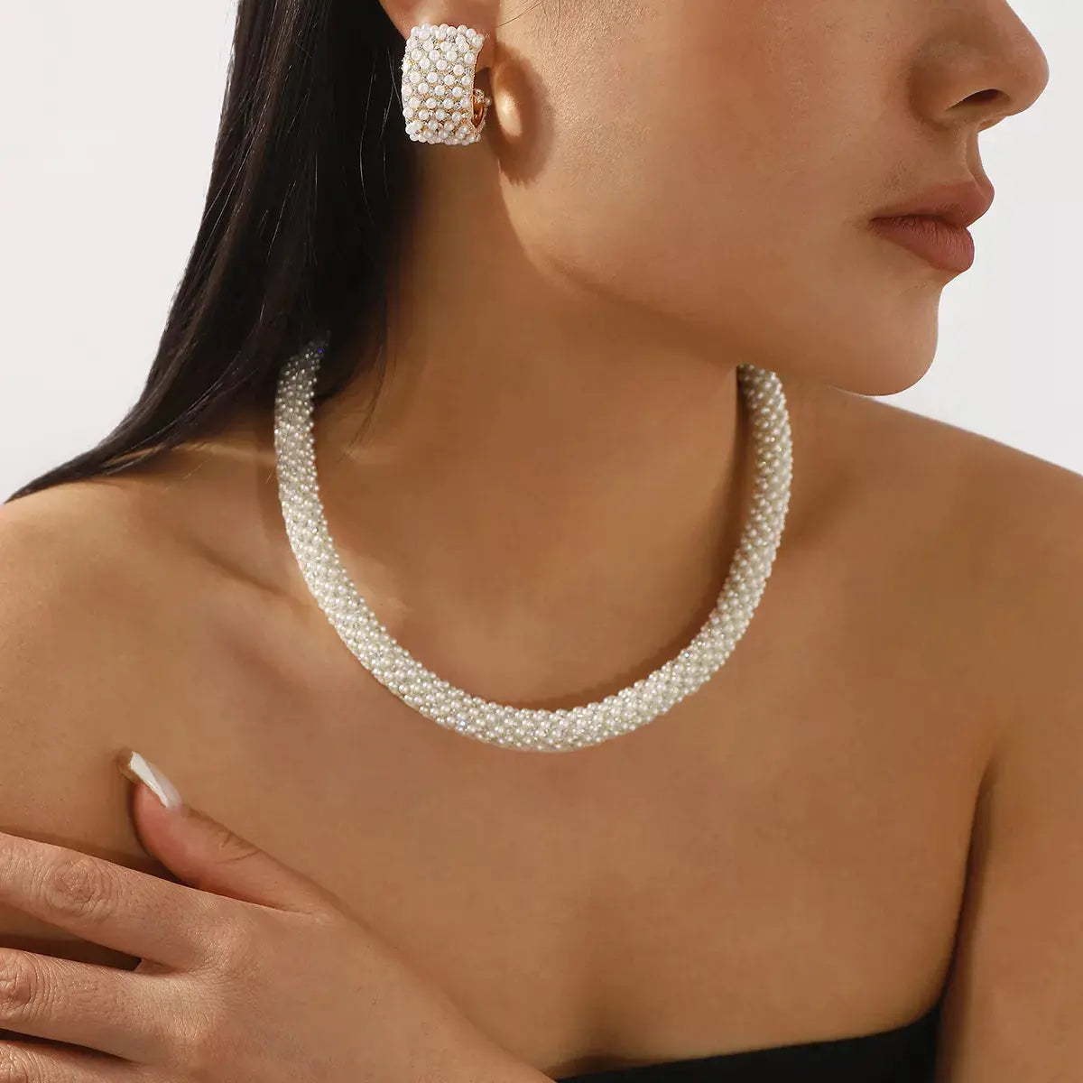 Pearl Embellished Earrings and Necklace Jewelry Set - SmileBen