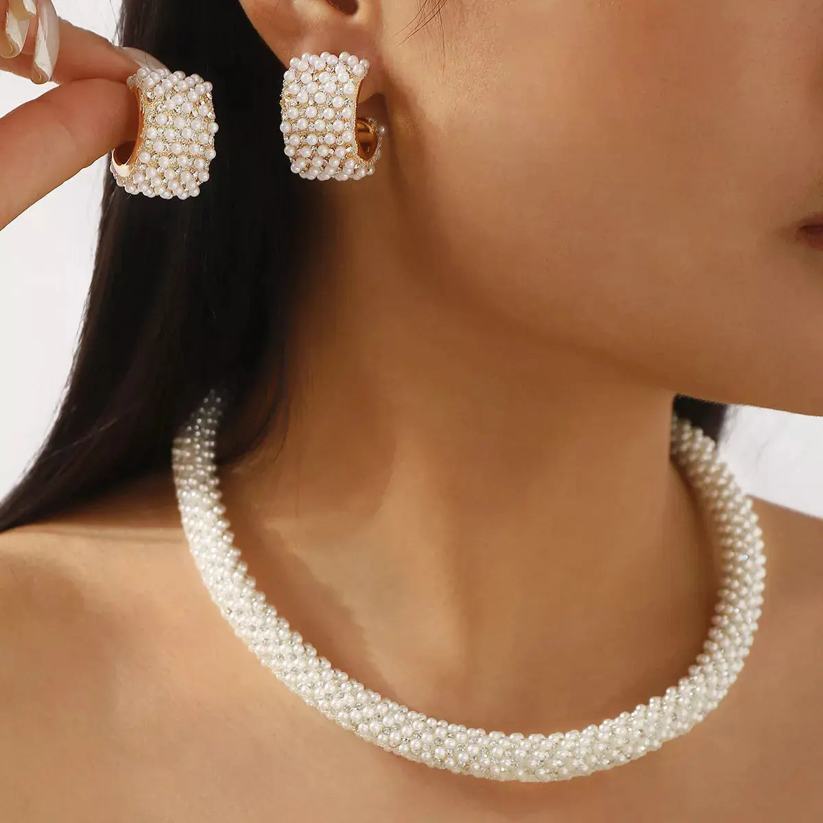 Pearl Embellished Earrings and Necklace Jewelry Set - SmileBen
