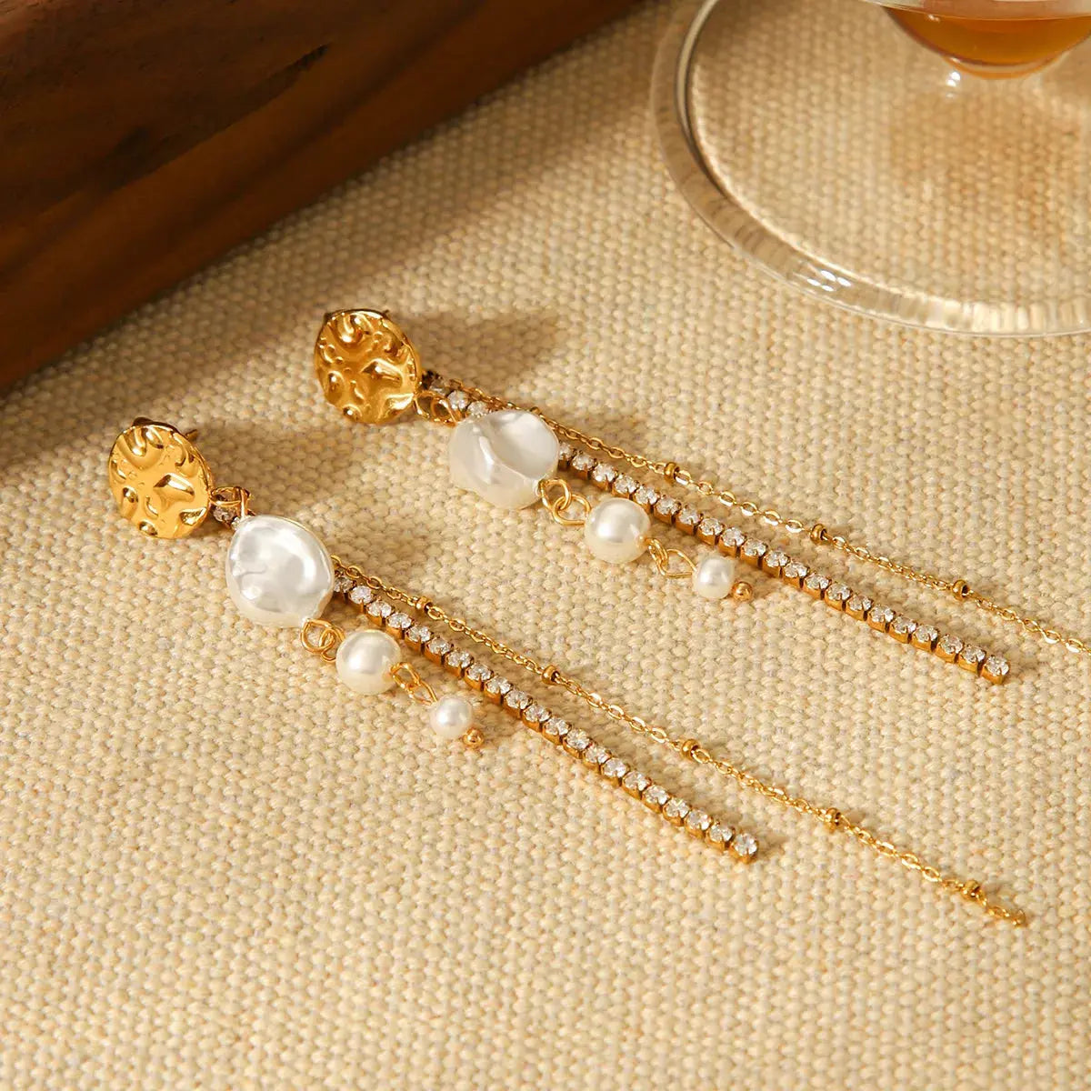 18K Gold-Plated Zircon Pearl Chain Earrings - SmileBen