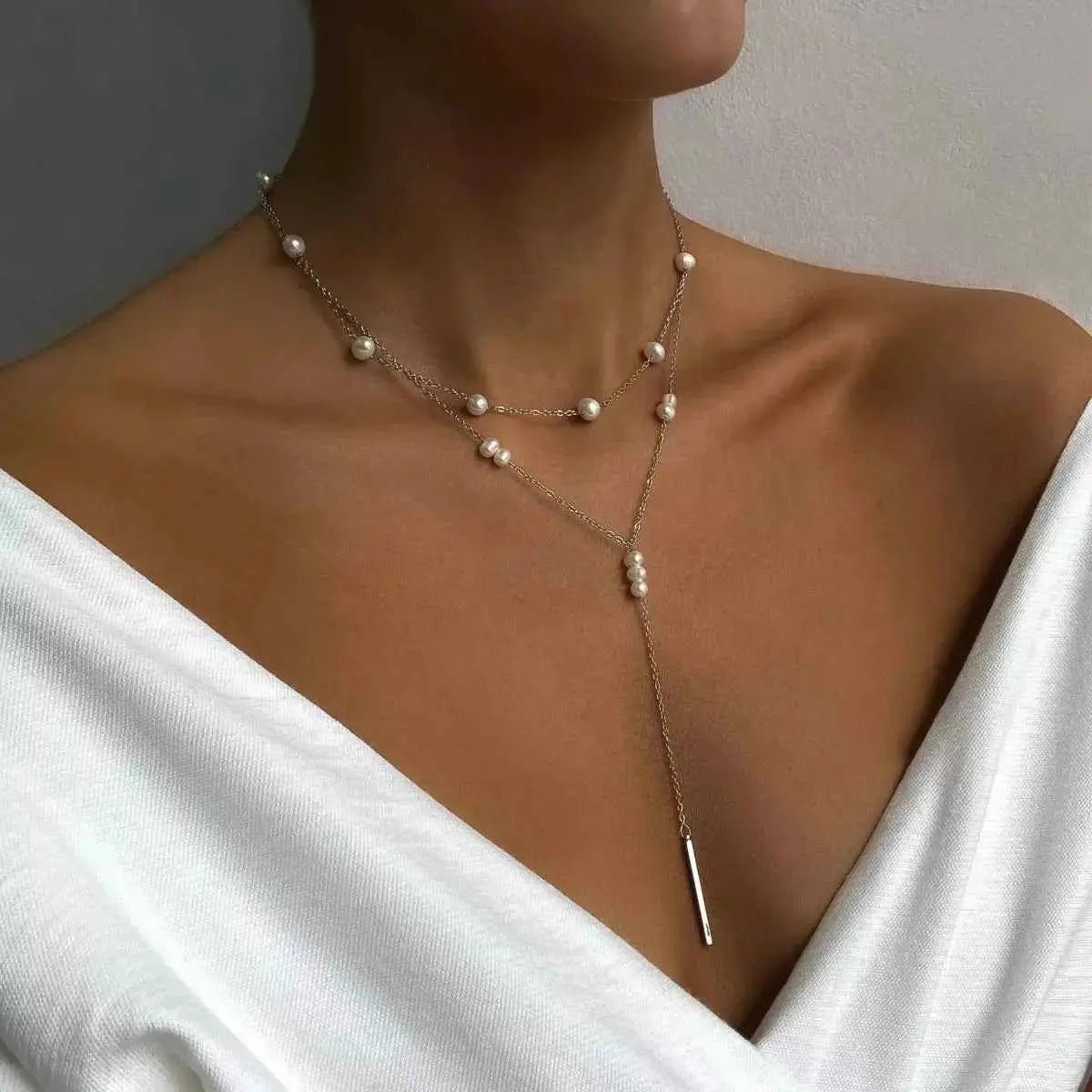 Double Layered Pearl Y - Shaped Necklace - SmileBen
