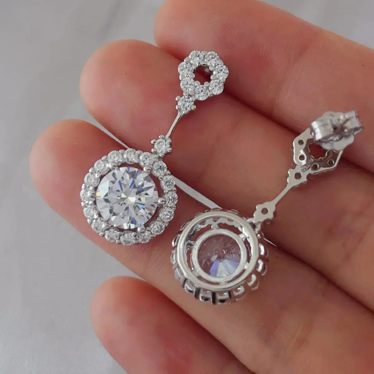 4 Carat Crystal Drop Dangle Earrings with Round Halo Design - SmileBen