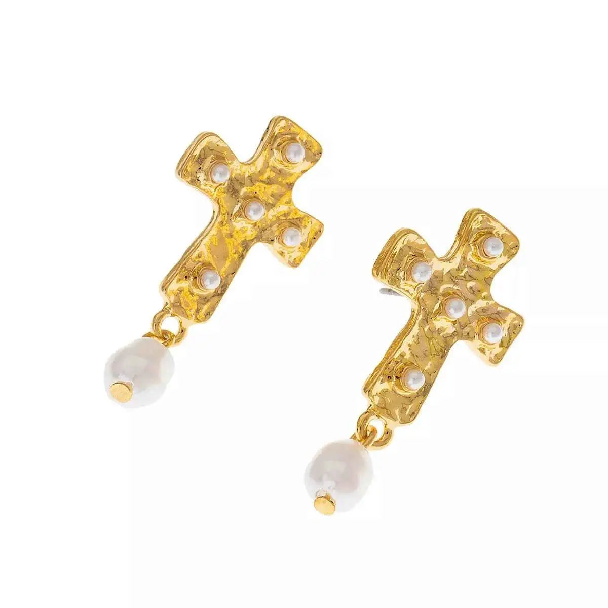 18K Gold-Plated Synthetic Pearl Cross Drop Earrings - SmileBen