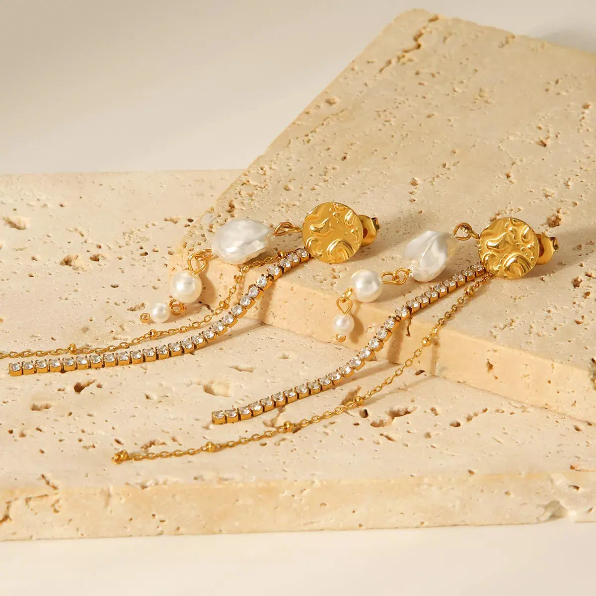 18K Gold-Plated Zircon Pearl Chain Earrings - SmileBen