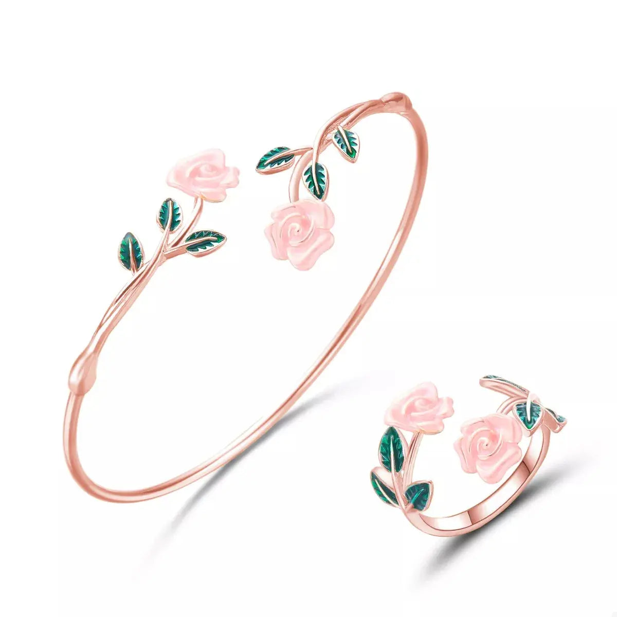 Rose Bypass Ring and Bracelet Jewelry Set - SmileBen