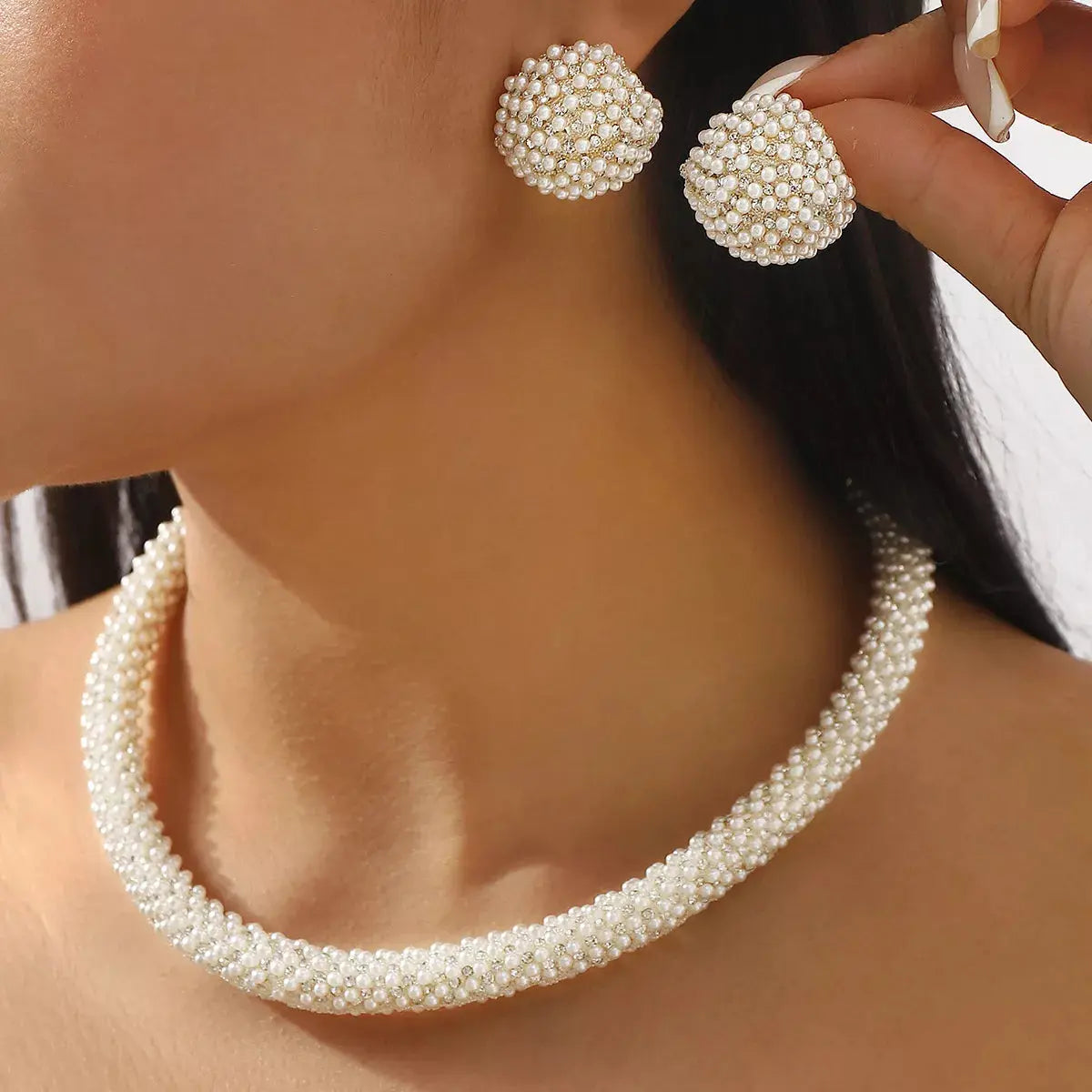 Pearl Embellished Earrings and Necklace Jewelry Set - SmileBen