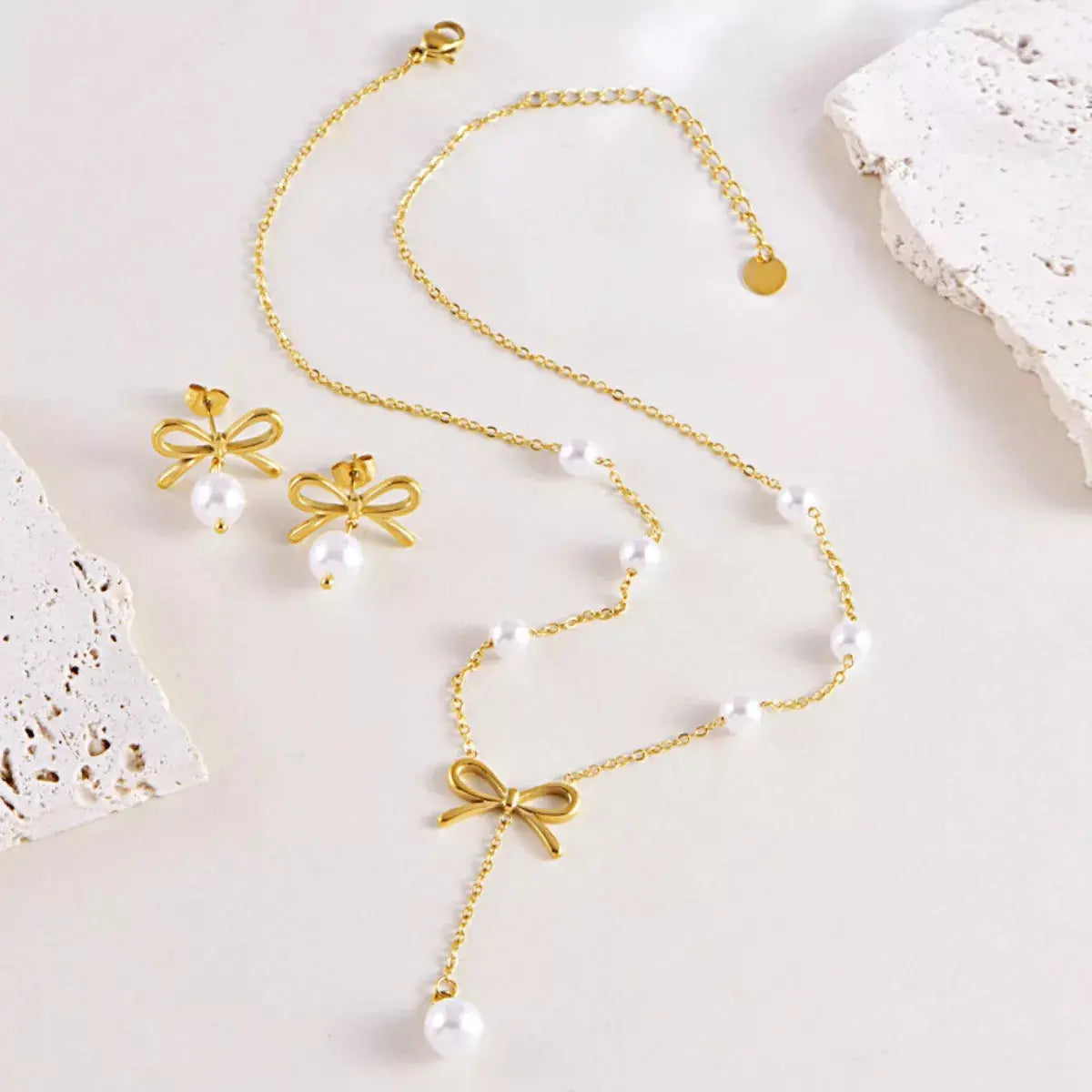 18K Gold-Plated Bowknot Pearl Jewelry Set - SmileBen