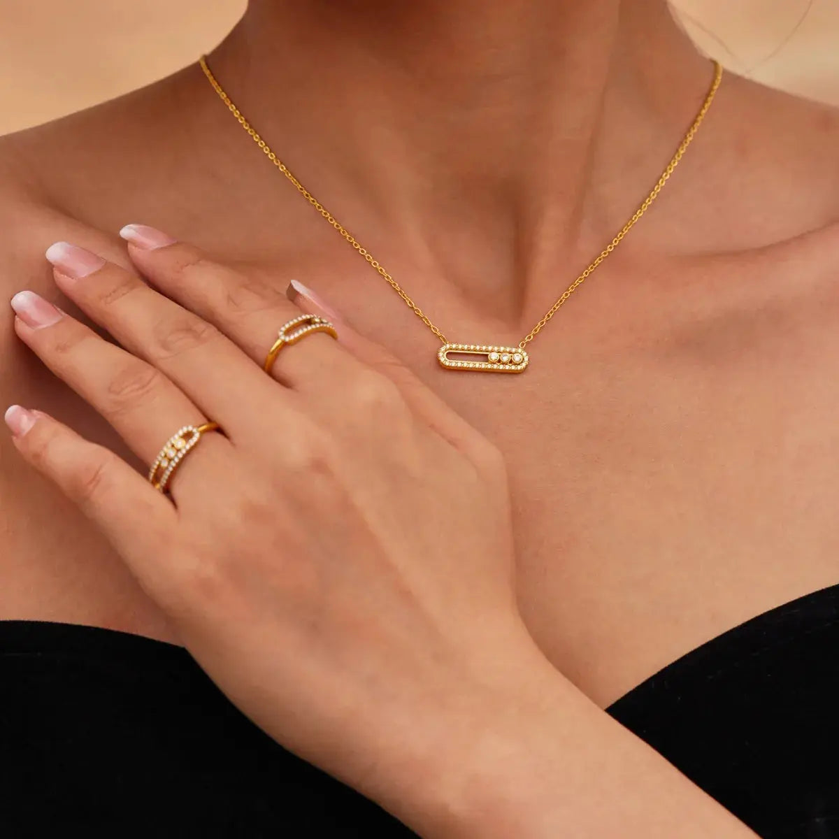 Moving Crystal Bar Necklace and Ring Jewelry Set - SmileBen