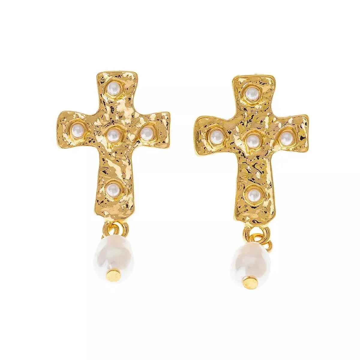 18K Gold-Plated Synthetic Pearl Cross Drop Earrings - SmileBen