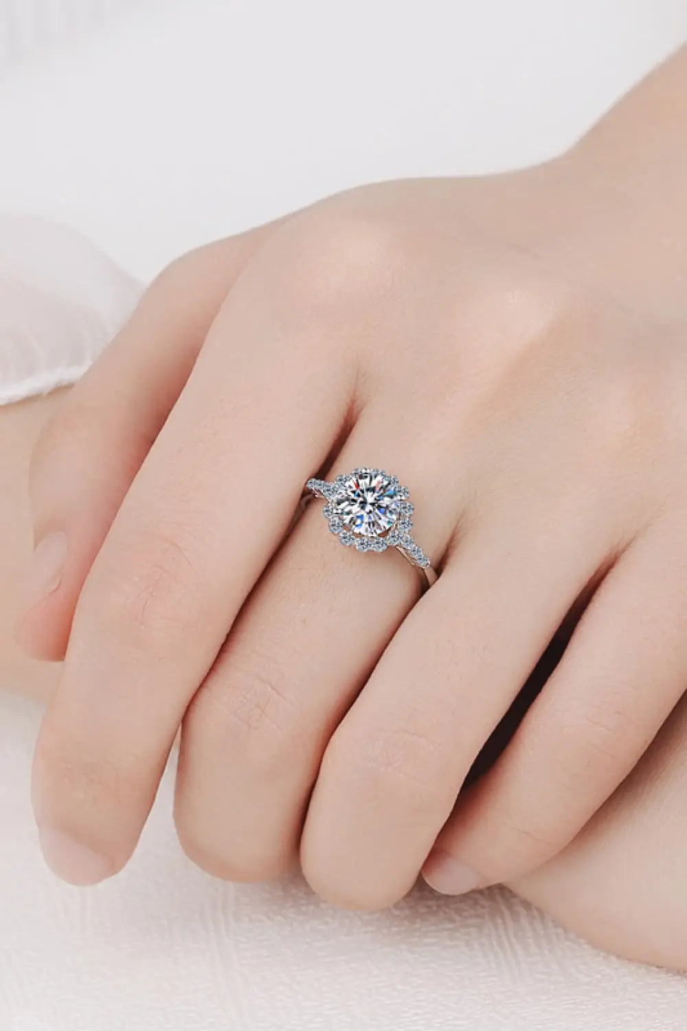 1 Carat Moissanite Rhodium-Plated Halo Ring - SmileBen
