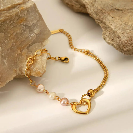 18K Gold-Plated Heart Pearl Bracelet - SmileBen
