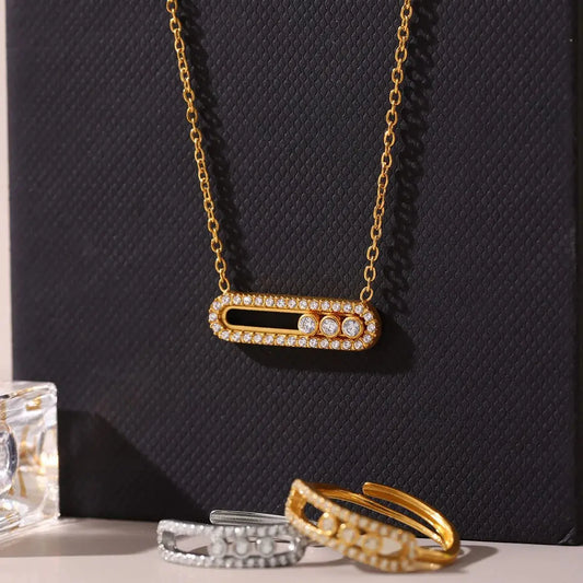 Moving Crystal Bar Necklace and Ring Jewelry Set - SmileBen
