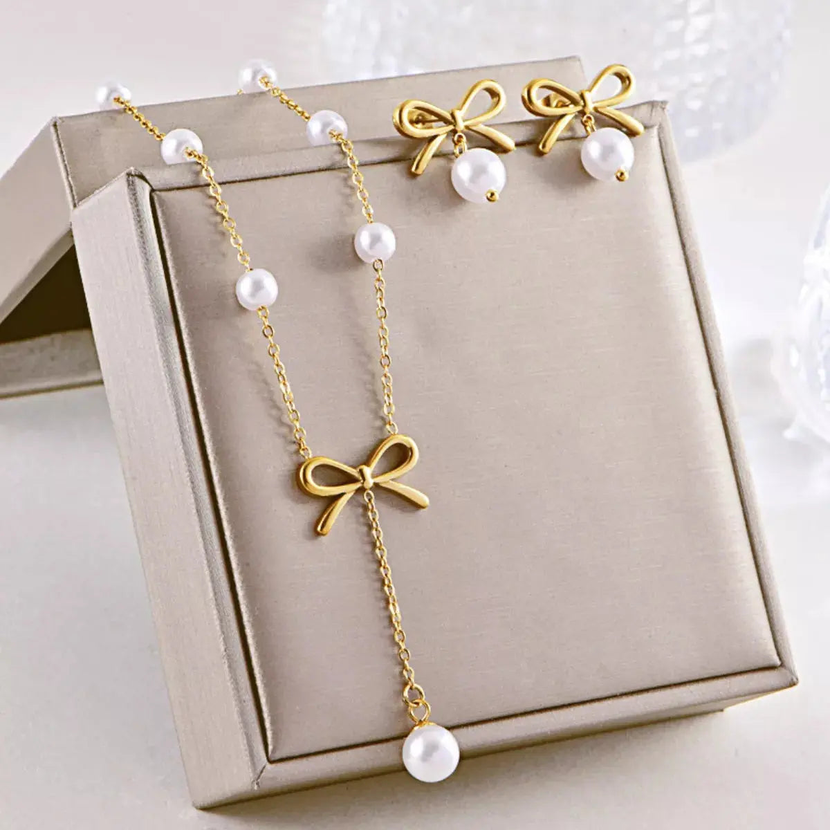 18K Gold-Plated Bowknot Pearl Jewelry Set - SmileBen
