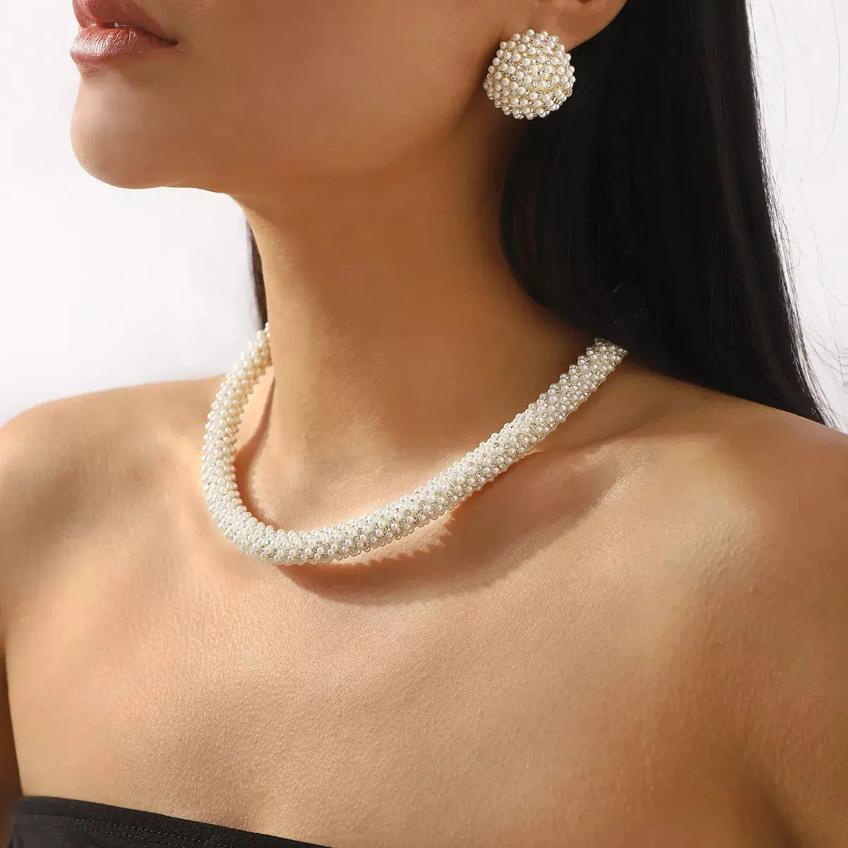 Pearl Embellished Earrings and Necklace Jewelry Set - SmileBen