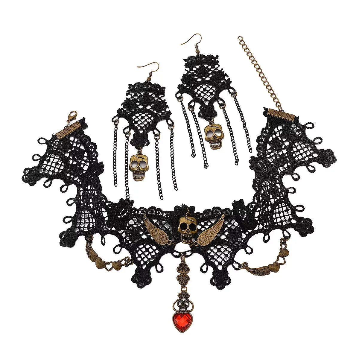 Halloween Lace Skull Necklace and Earrings Jewelry Set - SmileBen