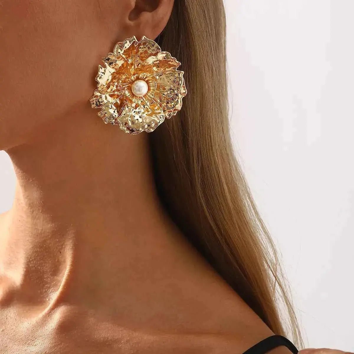 Gold Textured Flower Pearl Center Statement Earrings - SmileBen
