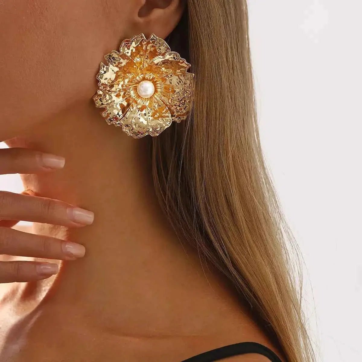 Gold Textured Flower Pearl Center Statement Earrings - SmileBen