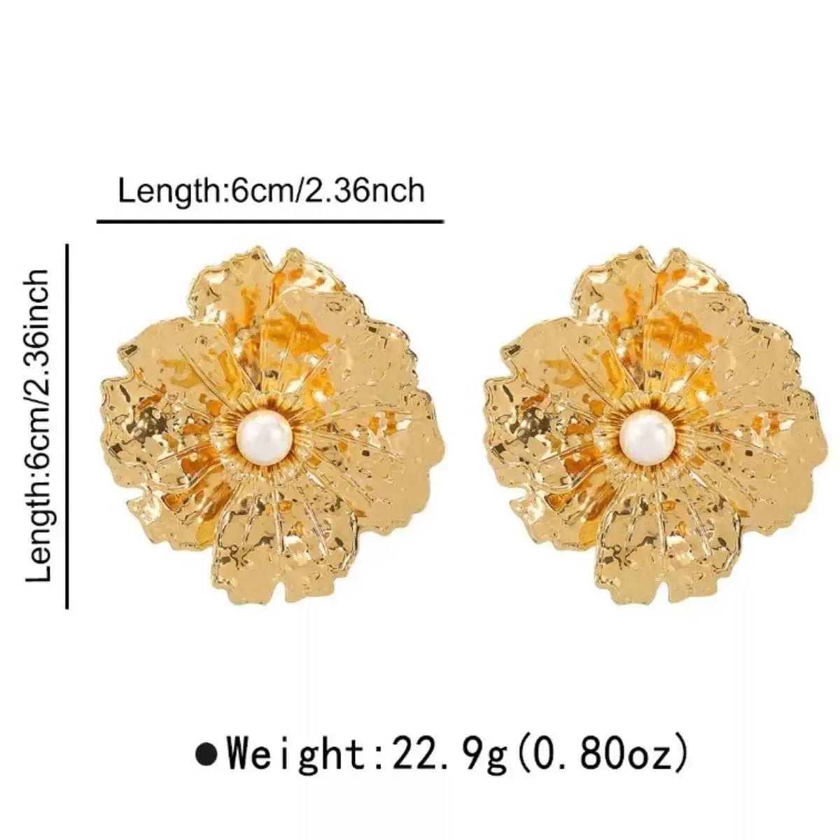Gold Textured Flower Pearl Center Statement Earrings - SmileBen
