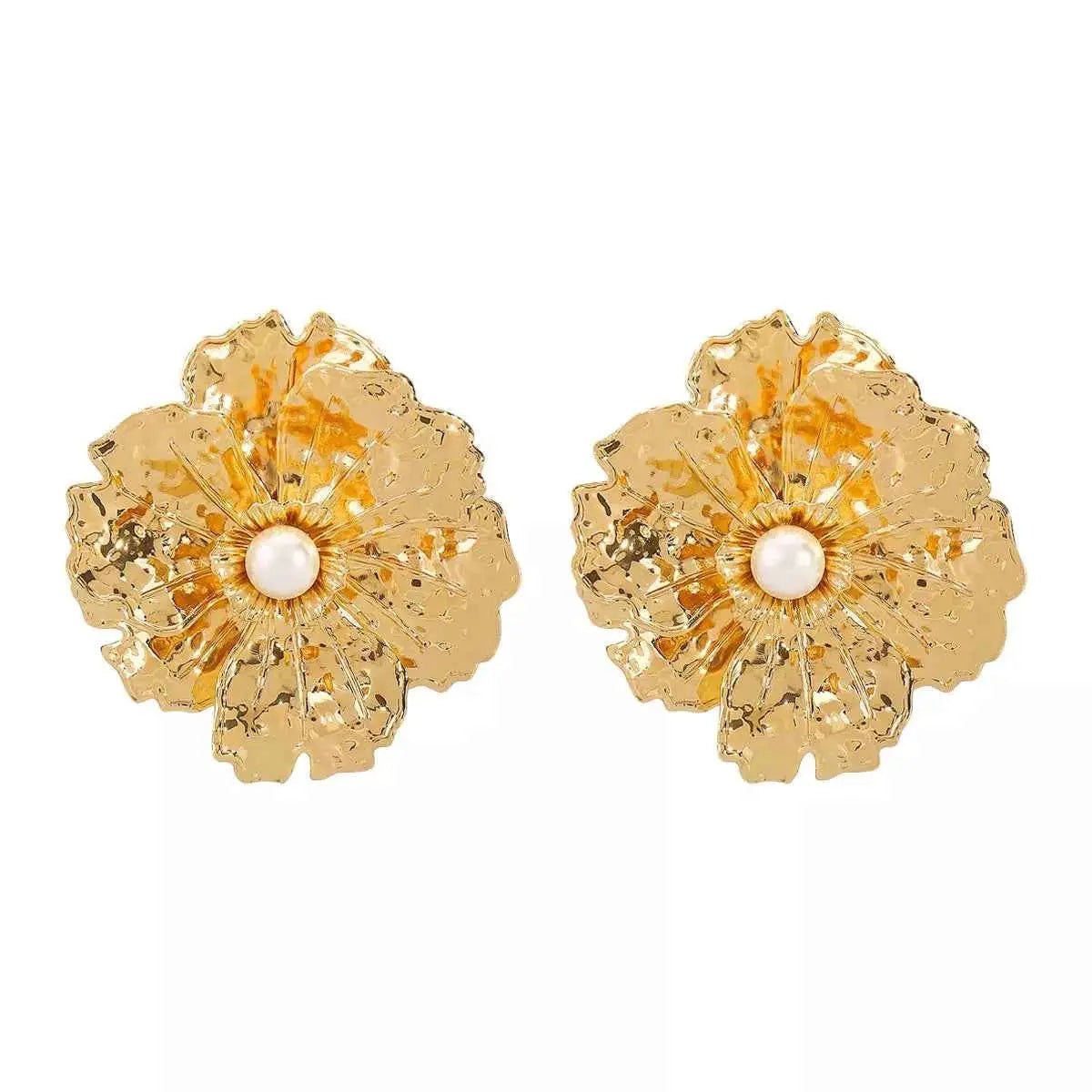 Gold Textured Flower Pearl Center Statement Earrings - SmileBen