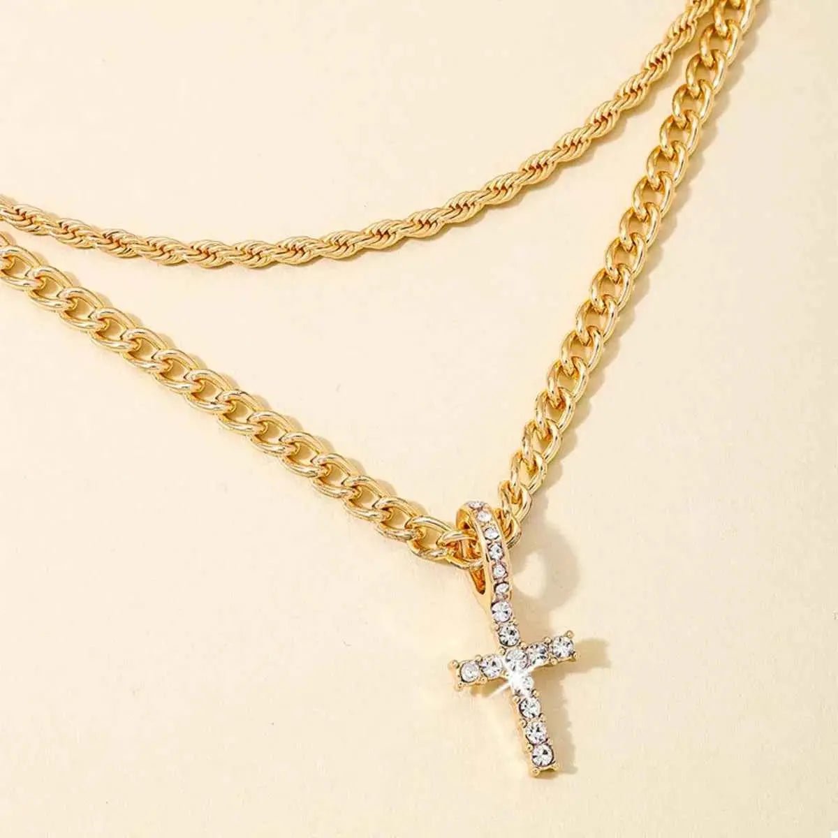 Layered Gold Chain Cross Pendant Necklace - SmileBen