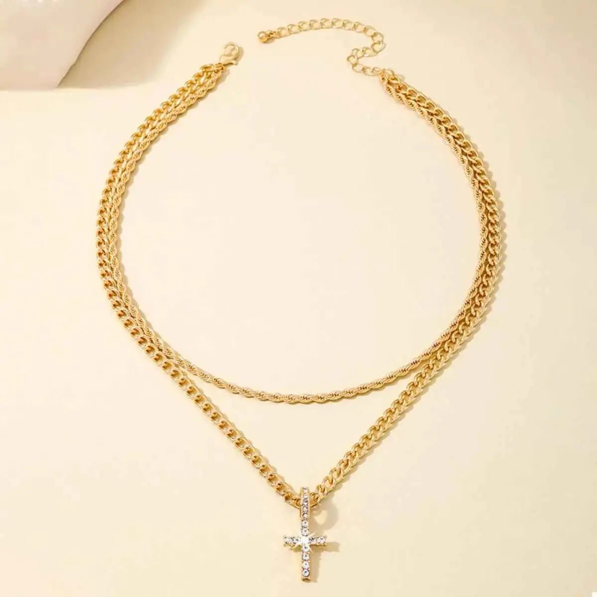 Layered Gold Chain Cross Pendant Necklace - SmileBen