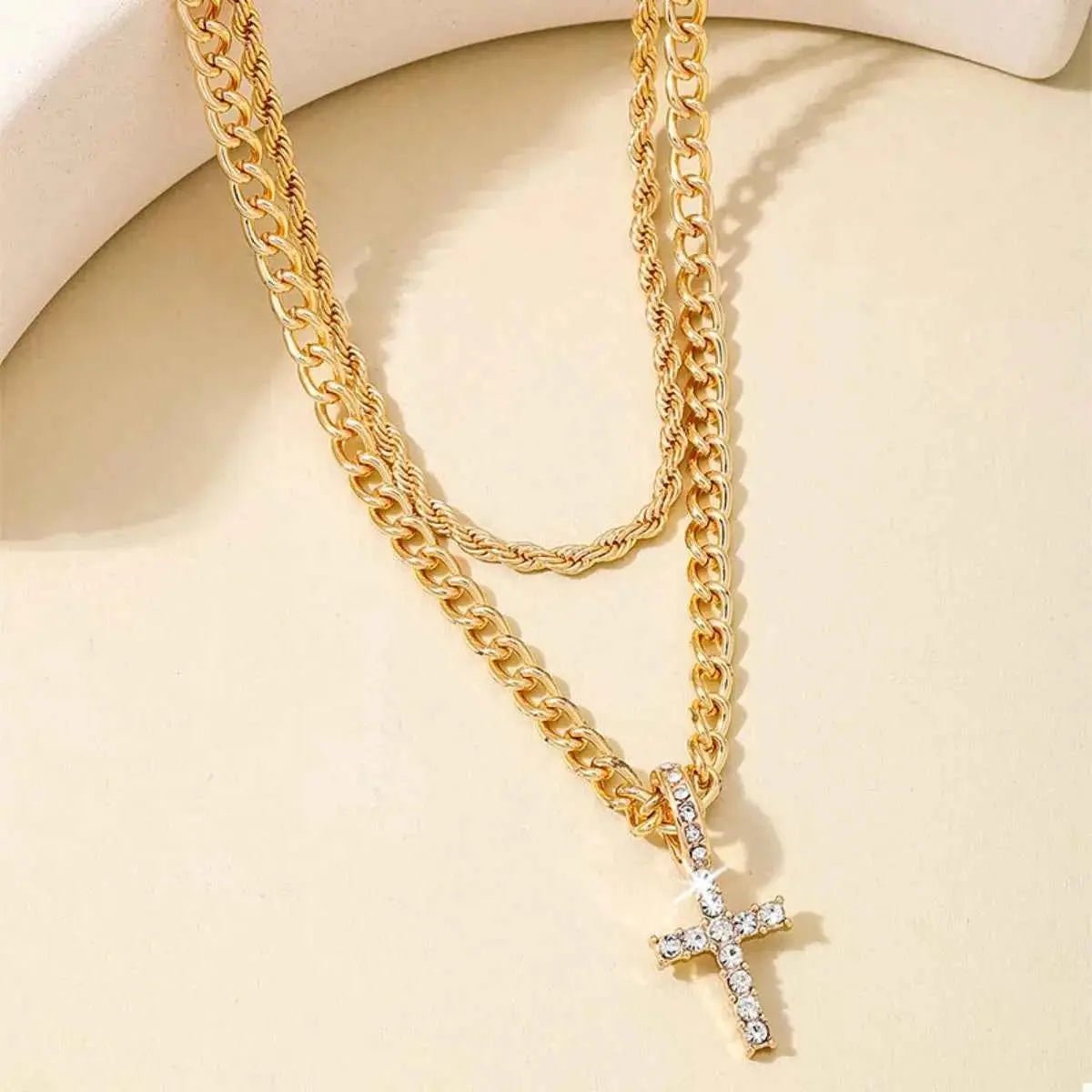 Layered Gold Chain Cross Pendant Necklace - SmileBen